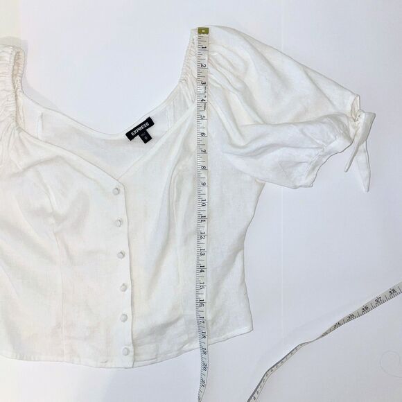 Express Puff Tie Sleeve Button Front Corset Crop Top White Cream Linen Womens M - Picture 5 of 7